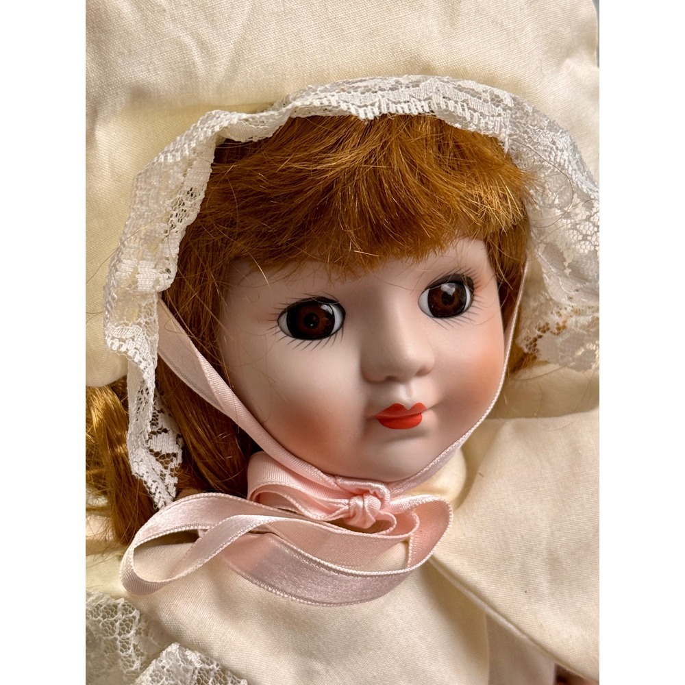 Vintage Musical Porcelain Doll Auburn Hair Lace Dress Bonnet Victorian Style